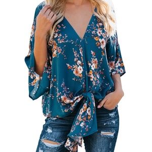 Blue Green Flowerlet Kimono Sleeve Blouse
